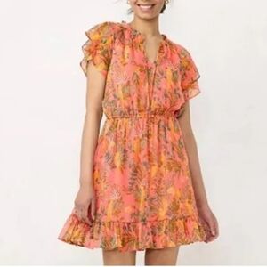 LC Lauren Conrad Floral Ruffle Sleeves Fit & Flare Mini Dress, Small, Orange